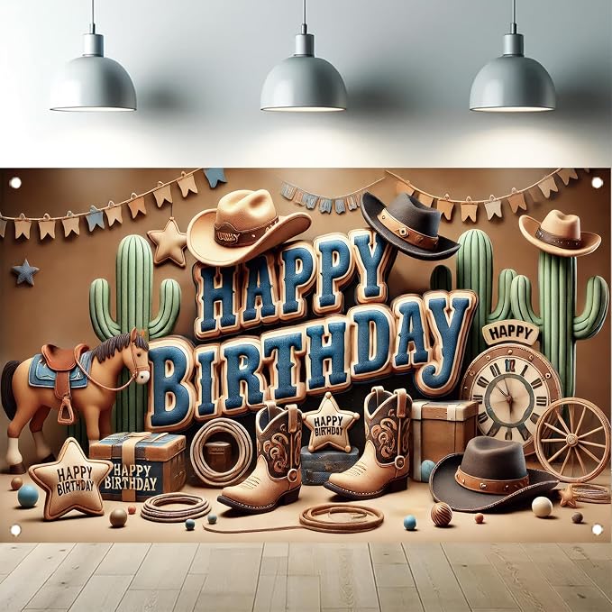 Western Cowboy Happy Birthday Banner Backdrop Rustic Wild West House Barn Photo by StarlitPatio