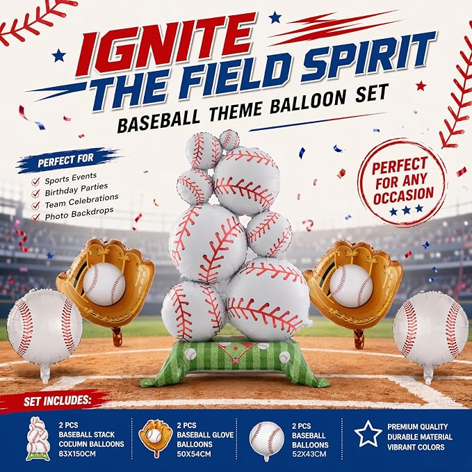 6 Pcs Baseball Party Ballon 2 Packs Self Standing Baseball Foil Balloons - Image 6