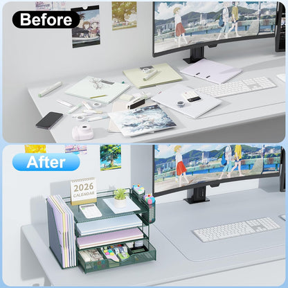 gianotter 4-Tier Desk Organizer with Drawers, File Holders, Letter Trays and Pen Holders - Workspace Accessories for Office Supplies (Green)