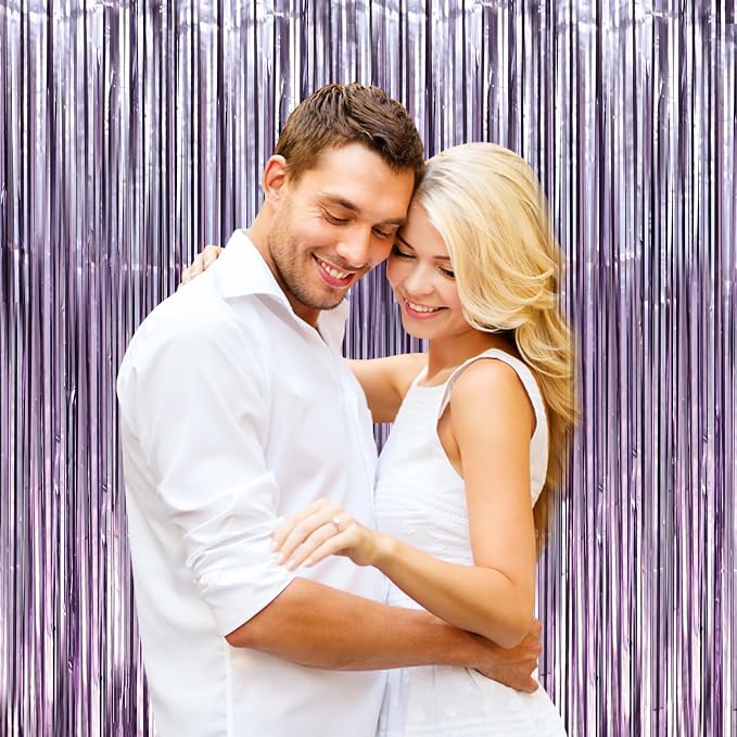 Voircoloria Light Purple Foil Fringe Backdrop Curtains, Birthday Party - Image 4