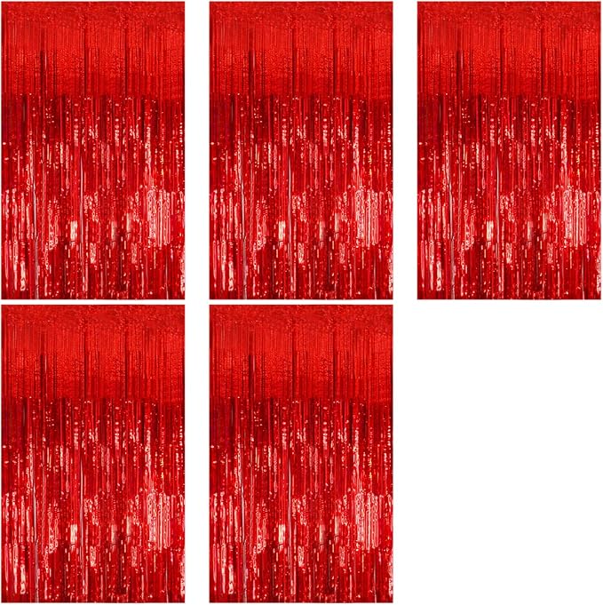 5 Pack Foil Curtain Backdrop Red Metallic Tinsel Foil Fringe Curtains Photo by KEJ