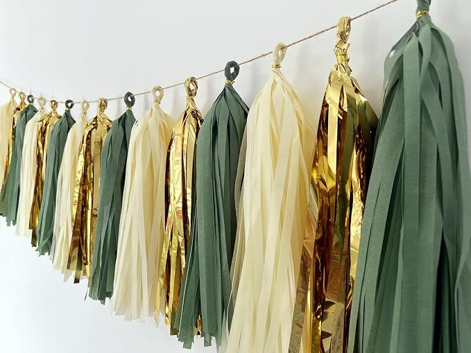 20Pcs Sage Green Gold Mylar Tassels Garland Tissue Paper Tassels Banner DIY Kit - Image 3