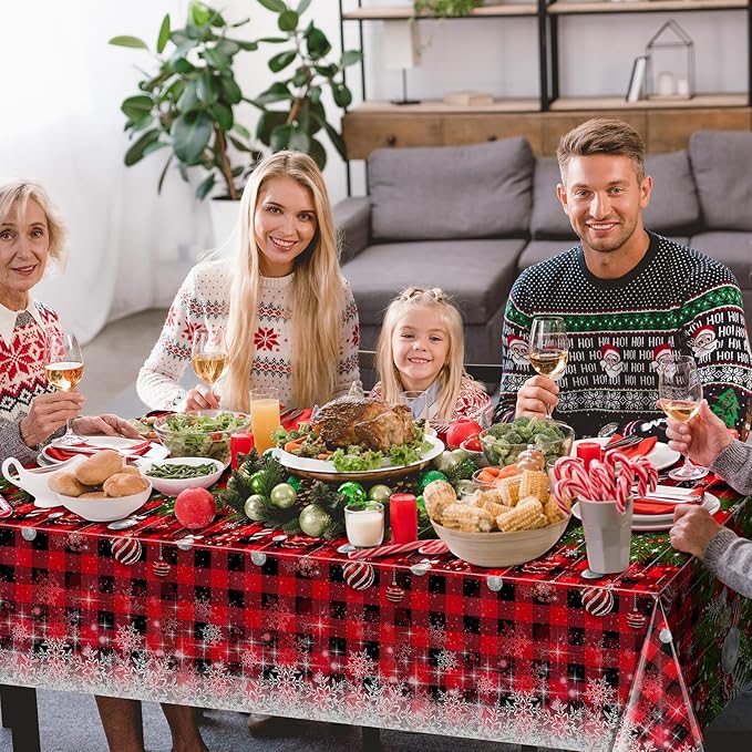 12Pcs Christmas Buffalo Plaid Snowflake Tablecloths,Plastic Red and Black Checkered Rectangle Christmas Tree Color Ball Table Cover for Winter Christmas New Year Holiday Party Decorations,54x108 inch