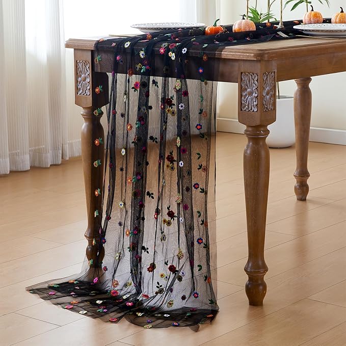 JIALE Black Floral Table Runner, Embroidery Daisy Seasonal Table Decorations, 120Inch 10FT Tulle Fabric for Home Decor, Bridal Shower Wedding, Baby Shower Parties, DIY Craft