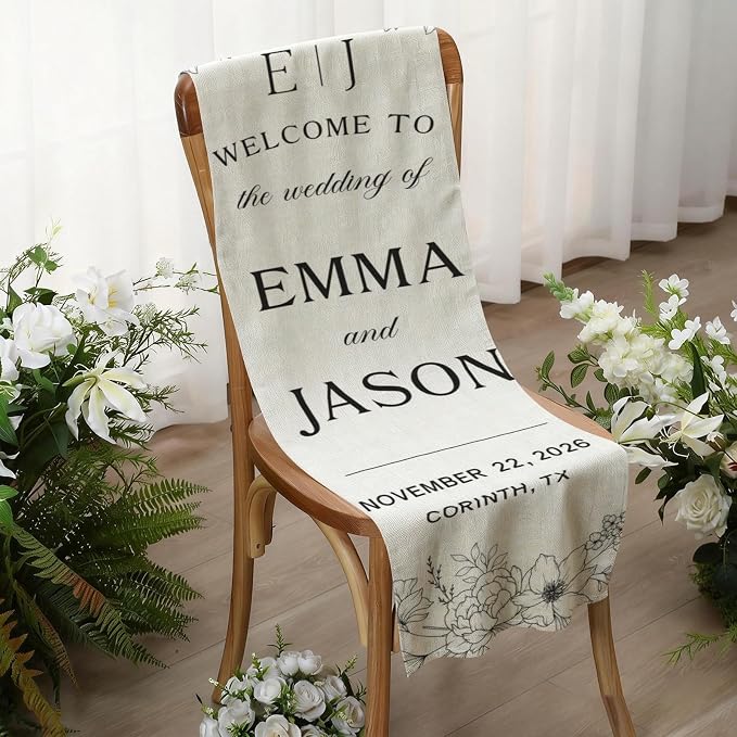 Elegant Wedding Welcome Cotton Linen Tapestry Banner, Custom Names & Date - Image 6