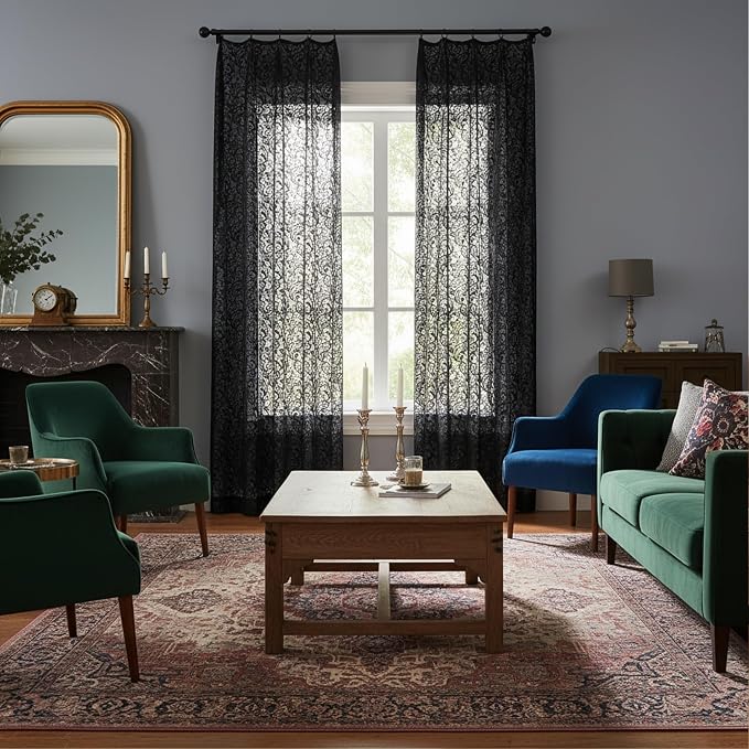 Bujasso Black Lace Pinch Pleat Curtains 108 inch, Gothic Vintage Floral Sheer - Image 5