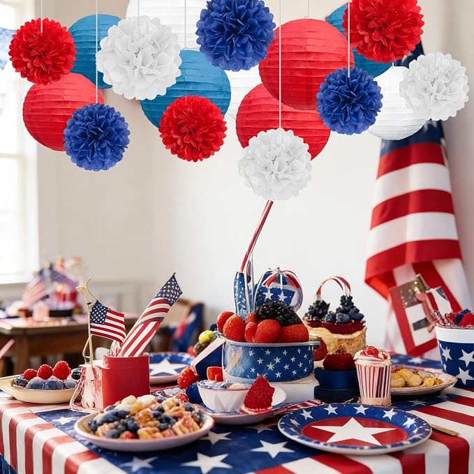 18 PCS Red White Blue Paper Lanterns & Tissue Paper Pom Poms - Image 3