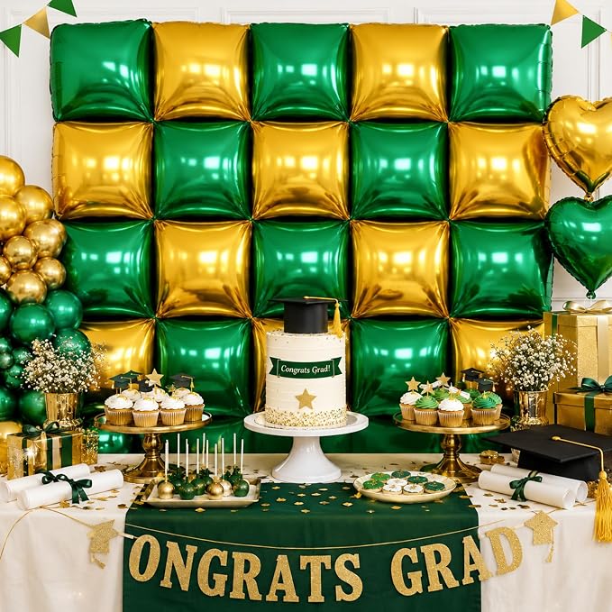 Metallic Dark Green and Gold Double Sided Square Foil Balloons Wall, 19 Inches - Image 6
