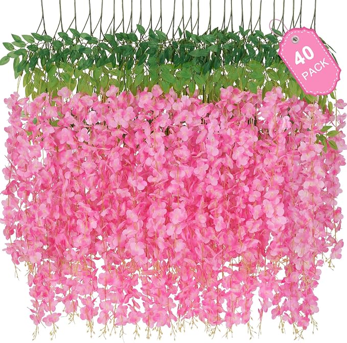 40 Pack Pink Wisteria Hanging Flowers, Fake Hanging Flowers by Waipfaru