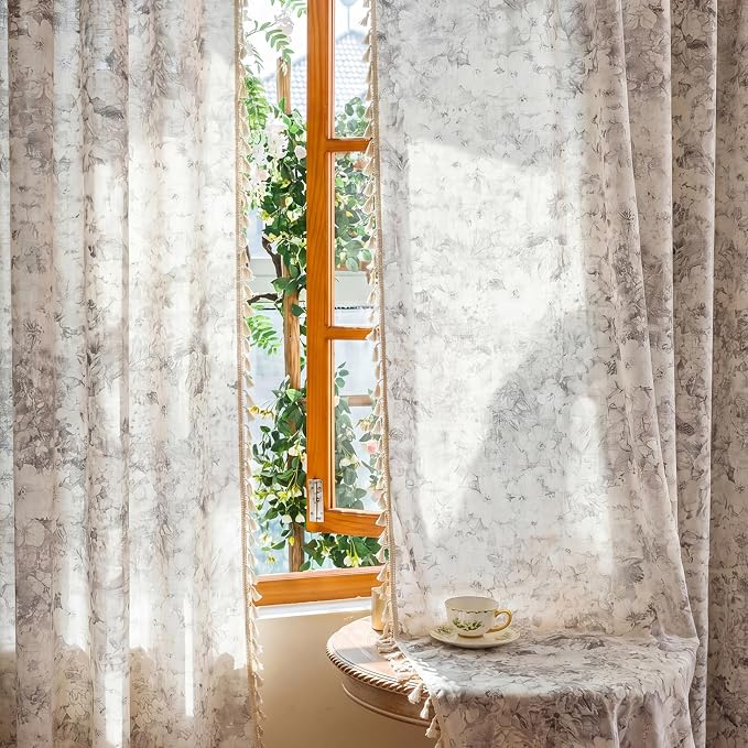 Floral Semi Sheer Rod Pocket 84 Inch Curtains 2 Panel Set - Image 5