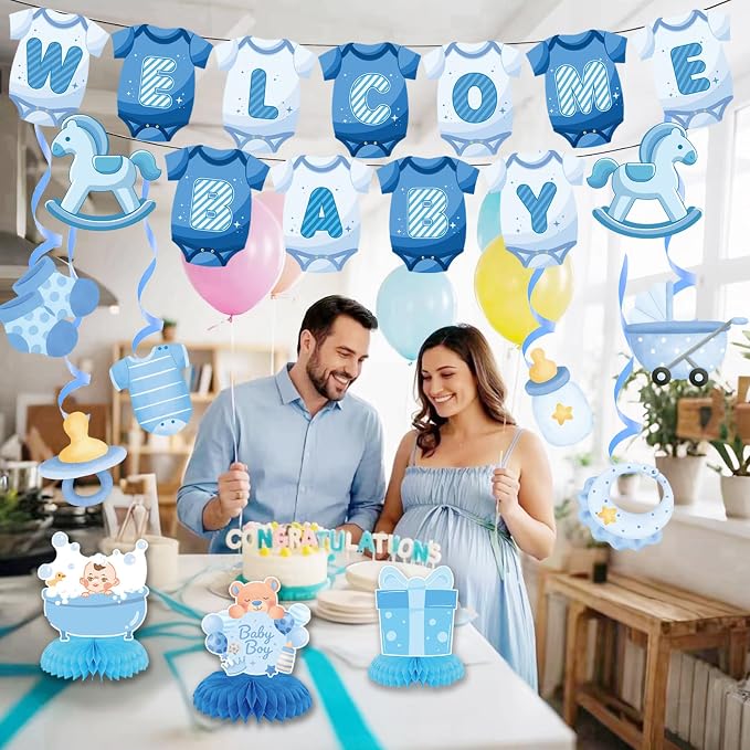 Baby Shower Decorations for Boy- Baby Shower Banner Blue Paper Welcome Baby - Image 5