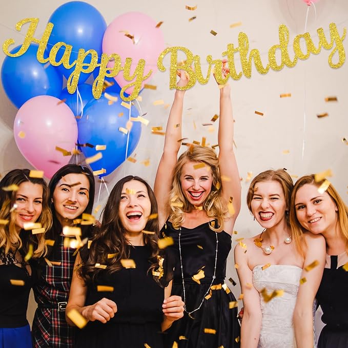 Gold Happy Birthday Banner, Pre-Strung Glitter Gold Birthday Sign, 10 Feet - Image 7