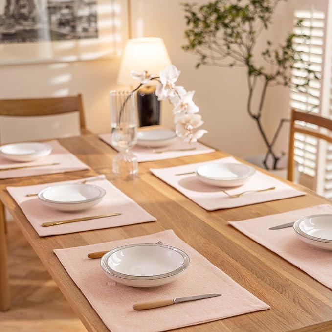 Demetex Pink Placemats Set of 6 Heat Resistant Linen Place Mats Washable Cloth - Image 6