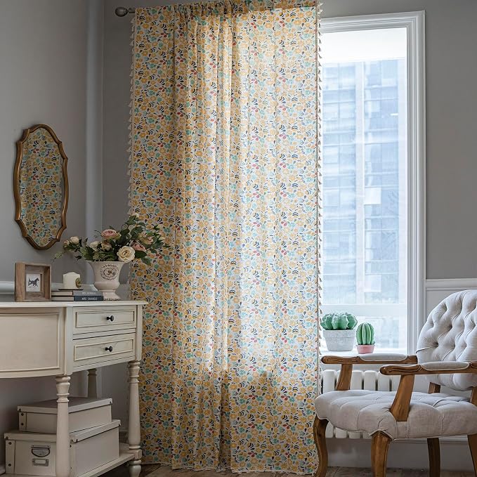 ENJOYBRIDAL Floral Curtains 84 Inch Length 2 Panels Tassel Boho Semi-Sheer - Image 4