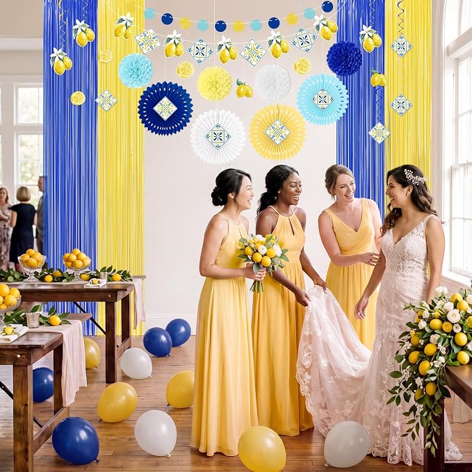 43Pcs Amalfi Coast Party Decorations Lemon Decor Set | Foil Curtains, Paper Fans - Image 6