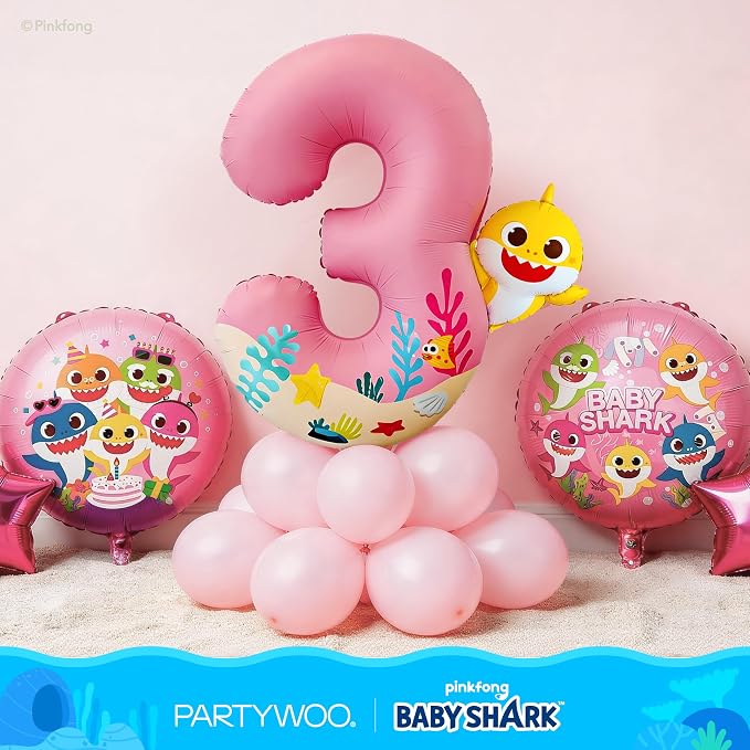 PartyWoo Baby Shark Pink Foil Round Star Mylar Number 3 Balloons 5pcs | Balloons - Image 4