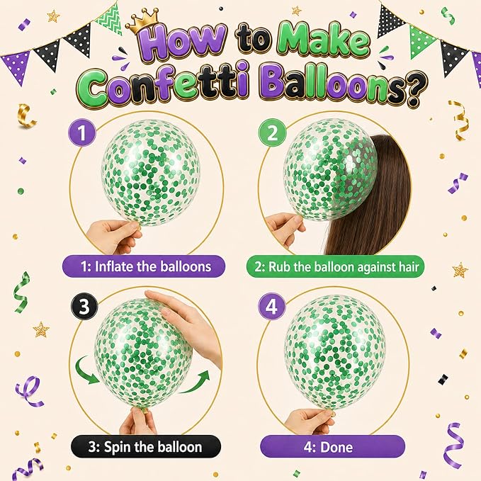 Purple and Green Balloons, 12 Inch Metallic Purple Black Green and Confentti - Image 4