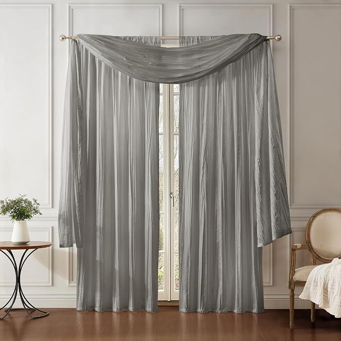 Athena Faux Silk Window Curtain and Scarf Set, Sterling by ElreneHomeFashions