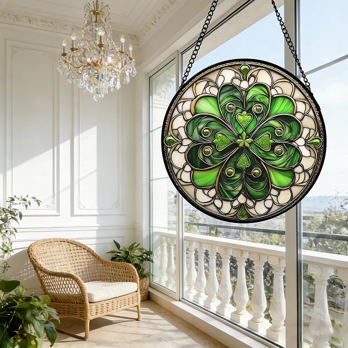 DASTOLL Stained Glass Window Hanging St. Ripak Festival Green Lucky Clover 9.8" - Image 7