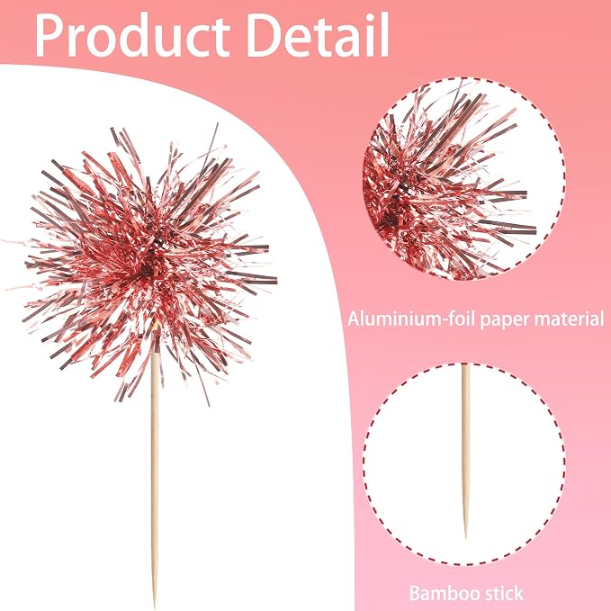 40 PCS Foil Firework Cupcake Toppers Rose Gold Sparkler Cupcake Picks Sparkle - Image 3