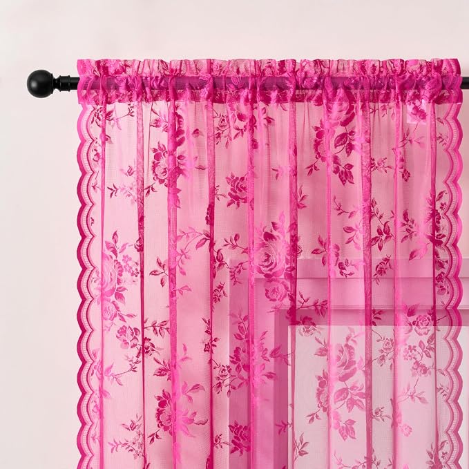 Raspberry Lace Curtains 72 Inch Length 2 Panels set Vintage Floral Sheer - Image 3