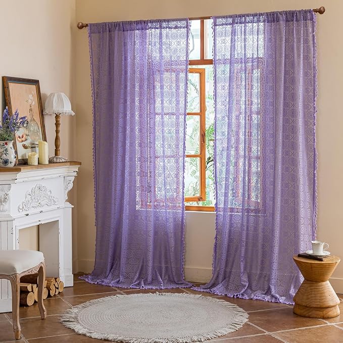 YJ YANJUN Boho Lace Curtains, Light Purple Sheer Panels, 59x96 inch, Pair | - Image 2