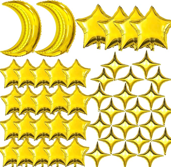 Moon and Star Balloons Gold, Star Foil Balloons Four Pointed Star Balloon | by PSKJATIN