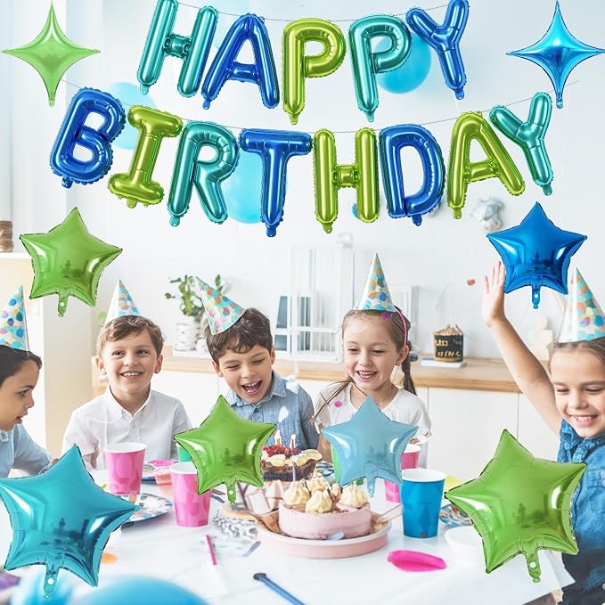 Happy Birthday Balloon Banner Blue Green, 16 Inch Mylar Foil Letter Balloons - Image 4