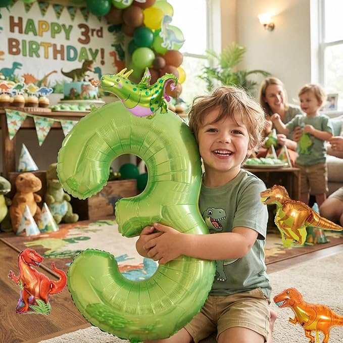 Dinosaur 3rd Birthday Decorations 40 Inch Giant Green Number 3 Foil Balloon | - Image 7