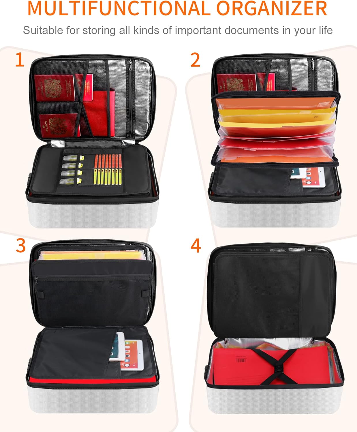 Noiposi Document Organizer with Lock, 15.0"x11.0"x4.3" Waterproof & Fireproof Document Box, Portable Home Safe Storage for Important Files, Silver