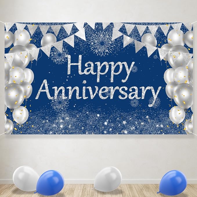 Blue Happy Anniversary Banner, Wedding Anniversary Sign Decorations Supplies - Image 4