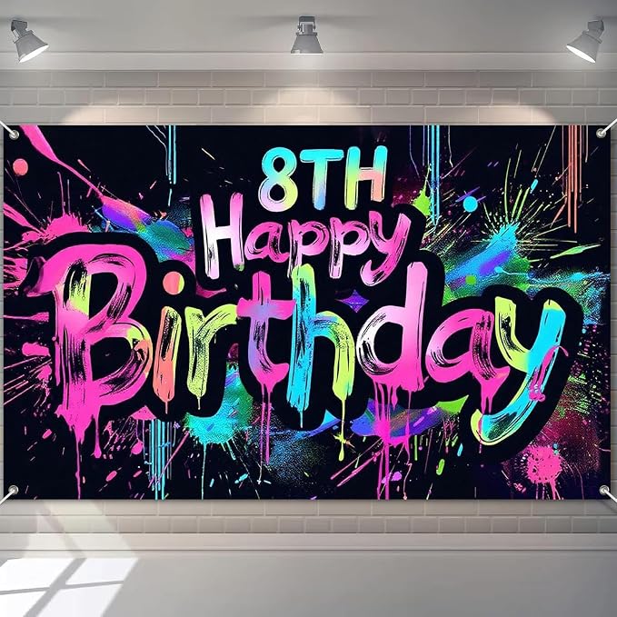 HOMETITUTE Neon 8th Happy Birthday Banner 71x43 Inch Birthday Backdrop | Glow by HOMETITUTE
