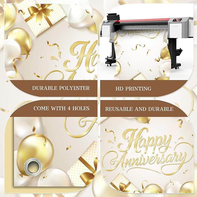 Happy Anniversary Backdrop Banner White Gold Elegant Door Cover Photography - Image 5