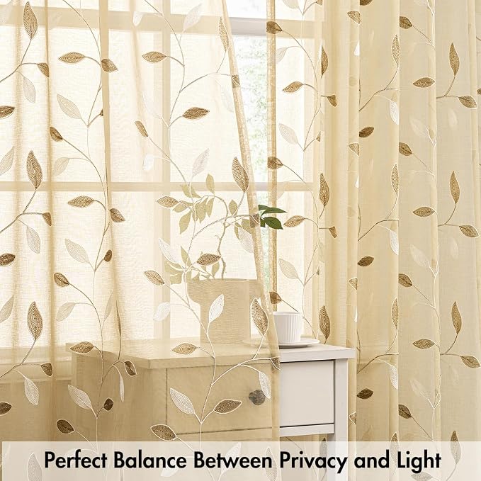MIULEE Beige Sheer Curtains 2 Panels Embroidered Leaf Patterned, W52 x L84 | - Image 5