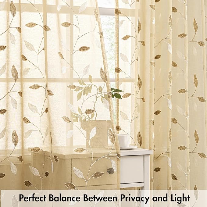 MIULEE Beige Sheer Curtains 2 Panels Embroidered Leaf Patterned, W52 x L45 | - Image 5