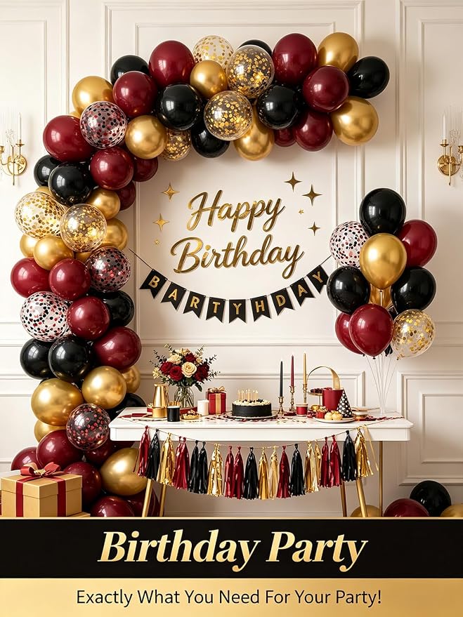 Black Burgundy Gold balloons 60 Pcs Maroon Red Black Metallic Gold Latex - Image 2