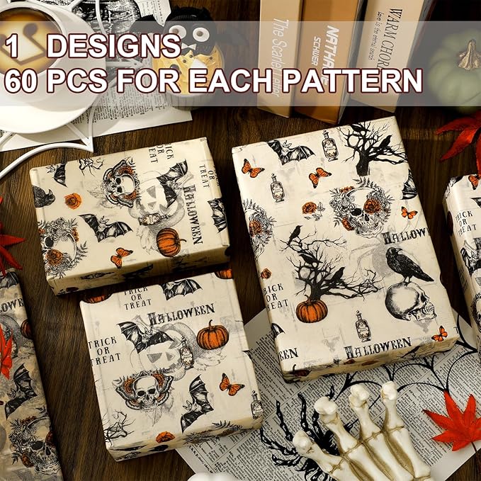JarThenaAMCS 60 Pcs Halloween Tissue Paper Retro Gothic Skull Crow Pumpkin Wrapping Paper Decorative Art Tissue for Home Party Trick or Treat DIY Crafts, 14 x 20 Inch