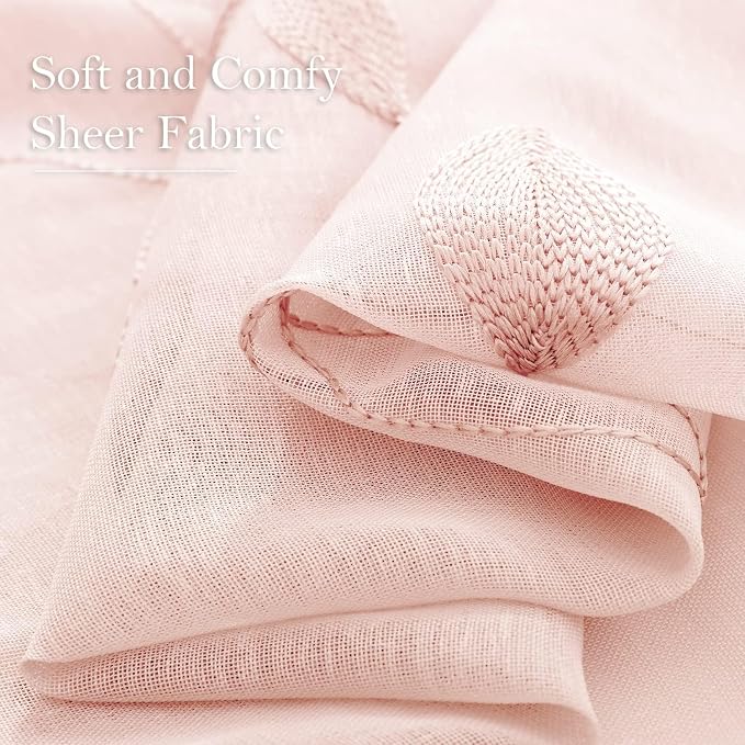 HOMEIDEAS Blush Pink Sheer Curtains W52 x L96, Embroidered Vine Leaf | 2 Panels - Image 4