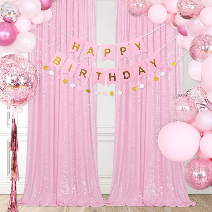 Pink Sequin Backdrop Curtains Party Photo Glitter Drapes 2 Pcs 2FTx8FT | - Image 6