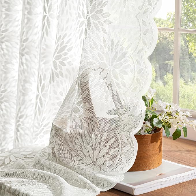 MIULEE Vintage Floral Scalloped Lace Curtains 2 Panels, Short Semi Sheer - Image 4