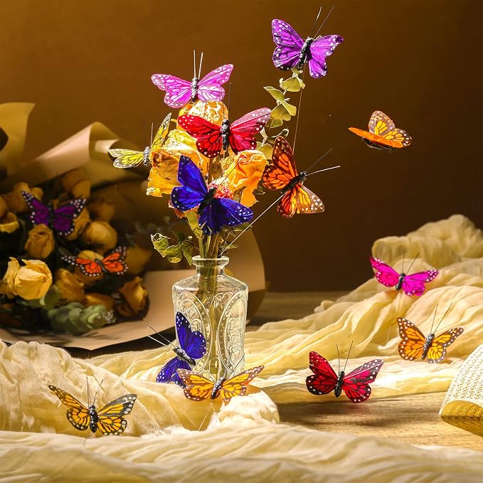 Ysleen 12 Set Monarch Butterfly Decoration Artificial Butterflies Feather Picks - Image 3