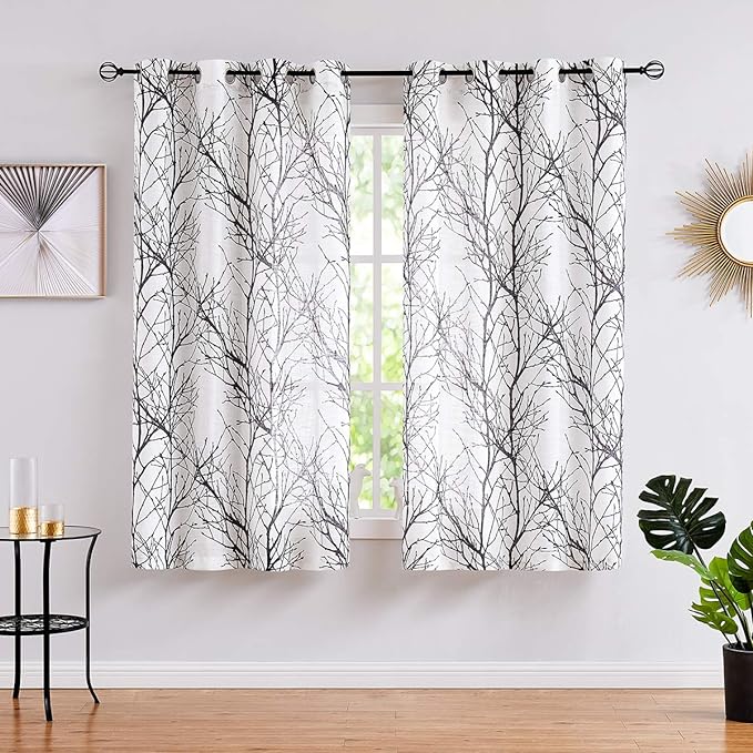 FMFUNCTEX Linen Black White Semi Sheer Print Curtains 45 Inch Long 2 Panels | by Fmfunctex