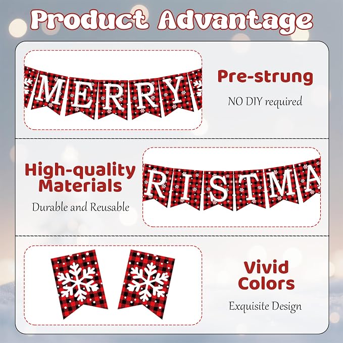 Merry Christmas Banner, Pre-Strung Buffalo Plaid Xmas Decorations, Merry - Image 3