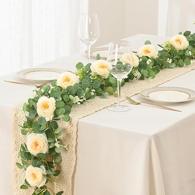 Dolicer 2Pcs 13Ft Artificial Eucalyptus Garlands with Flowers, Faux Floral Greenery Garlands Fake Flowers Vines for Wedding Centerpieces Arch Party Ceremony Backdrop Decor (Champagne)