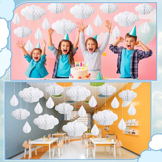 Affrolling 20 Pcs 3D Cloud Decorations Raindrop Decorations Hanging Honeycomb - Image 5