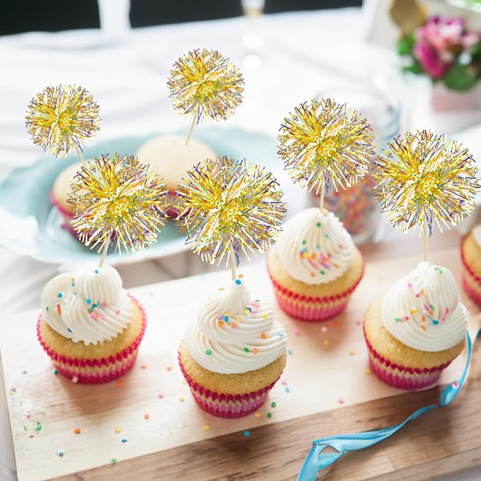 Gyufise 30Pcs Foil Firework Cupcake Toppers Sparkle Tinsel Cake Toppers Tinsel - Image 6