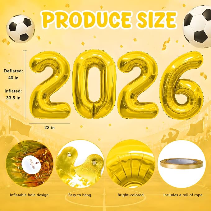 Soccer Party Decorations for World Game Cup 2026-2026 Numbers Gold Balloon 40 - Image 3