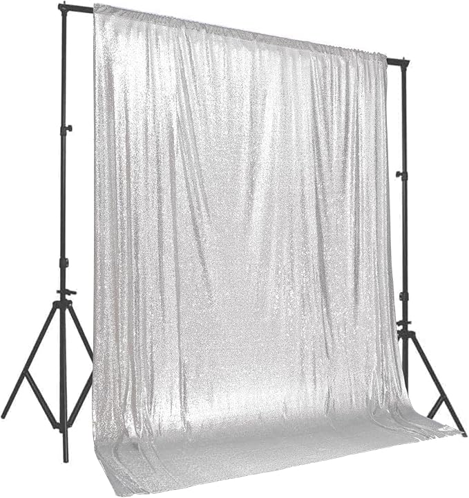 PartyDelight Silver Sequin Backdrop 10x10ft Sparkly Photo Curtain | 4 Inch Rod by PartyDelight