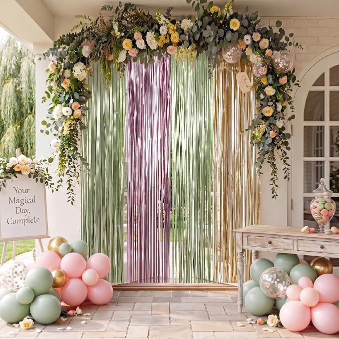 Frienda 4pcs Sage Green and Pink Party Decorations 6.6ft Fringe Curtains - Image 4
