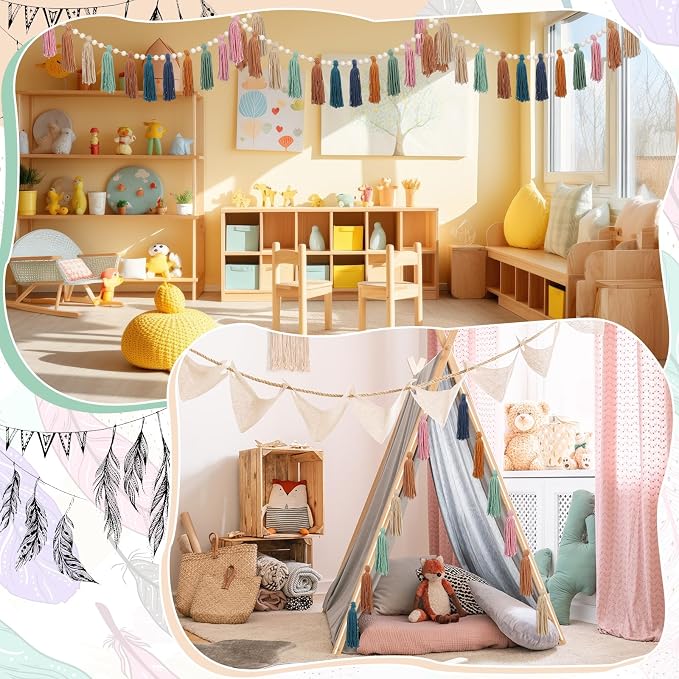 Zeyune 3 Pcs Boho Tassel Garland Boho Rainbow Wall Decor Colorful Pastel Tassel - Image 7